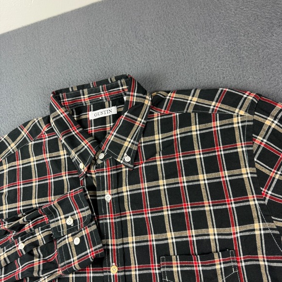 Gustin Shirt Men's 2XL Black Red Plaid Oxford Button‎ Down Dress Casual USA Made